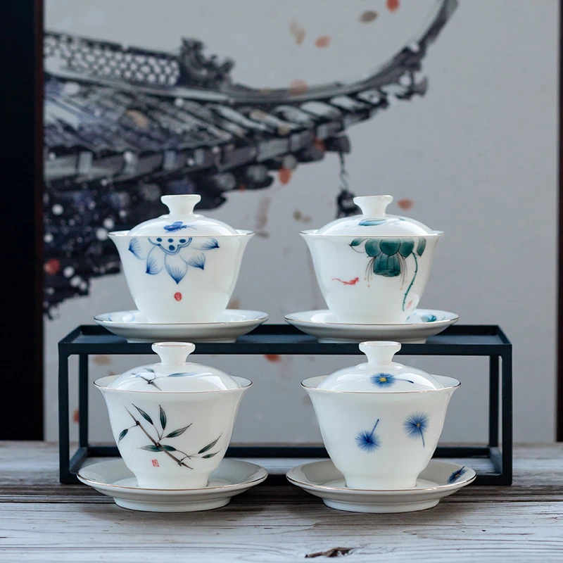 德化描金陶瓷盖碗功夫茶具三才盖碗高白青花茶具泡茶碗小号100ml