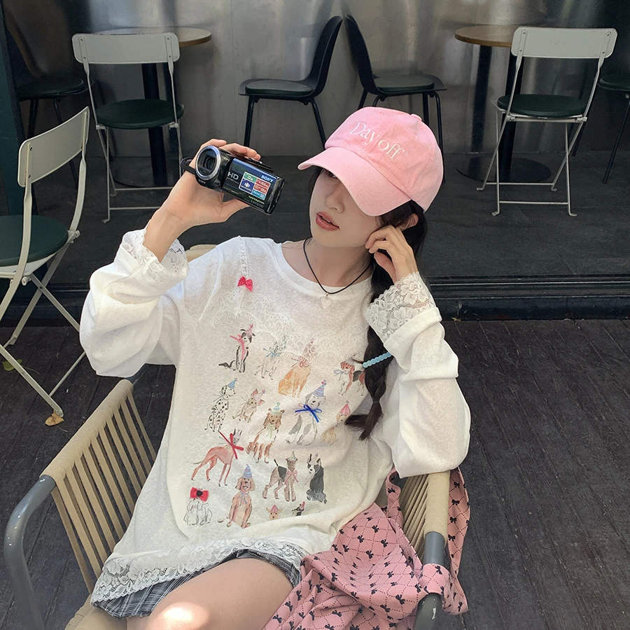 2024新款微胖mm蕾丝花边小狗印花长袖T恤女2024夏季新款防晒上衣