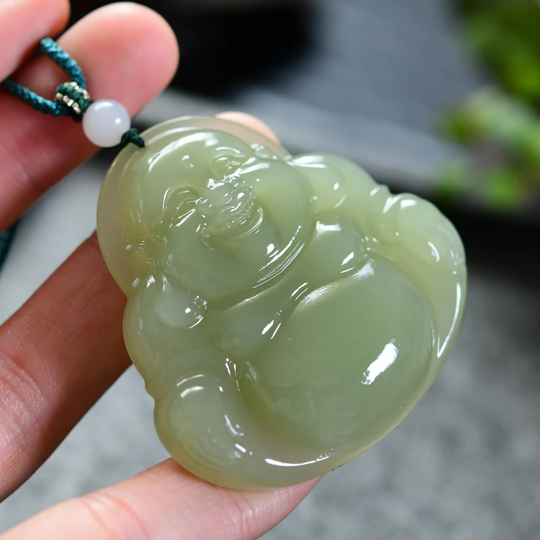 天然和田玉冰晴水佛公吊坠大佛公挂件弥勒佛佛公佛头玉石项链