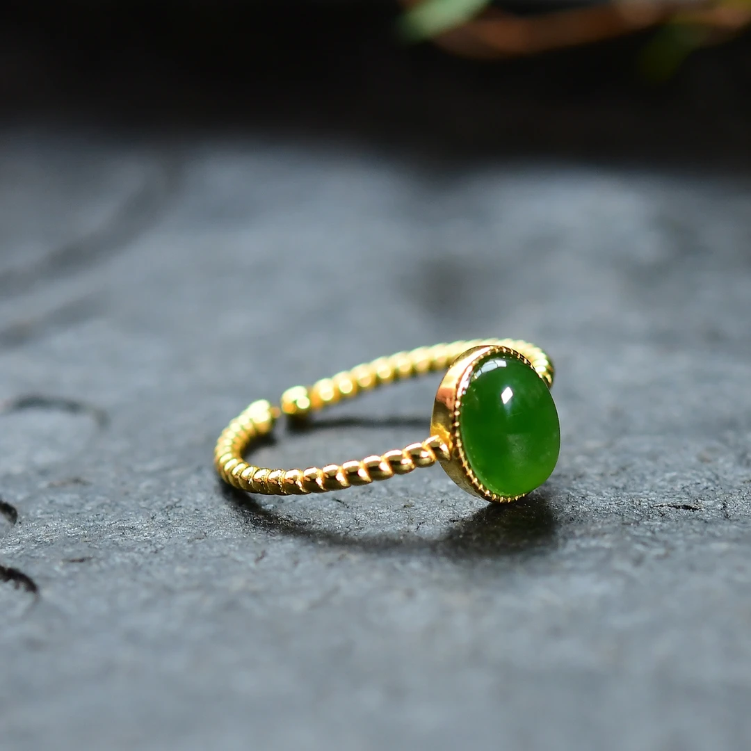碧玉戒指天然俄料冰阳绿蛋面戒指925银老坑绿色苹果绿素圈活口