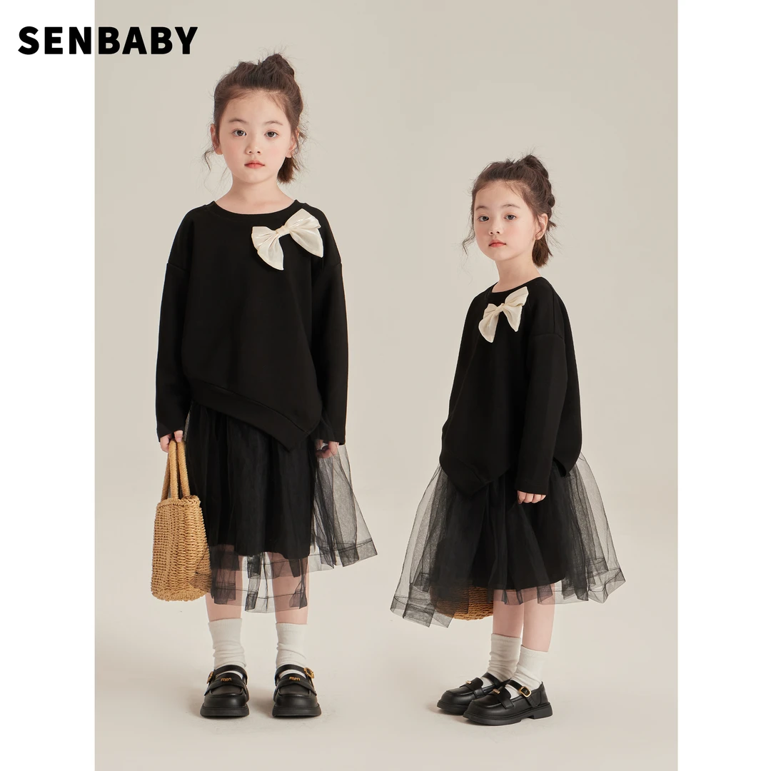 【现货】Senbaby童装秋新款女童斜边空气棉蝴蝶结卫衣＋百搭黑色纱裙