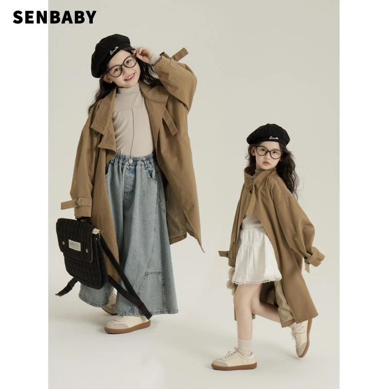 【亲子】senbaby女童长款外套中大童秋装时尚韩版童装儿童卡其风衣