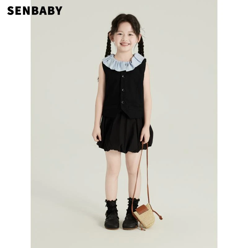 【现货】senbaby女童夏季套装儿童俏皮翻领上衣+黑色花瓣短裤