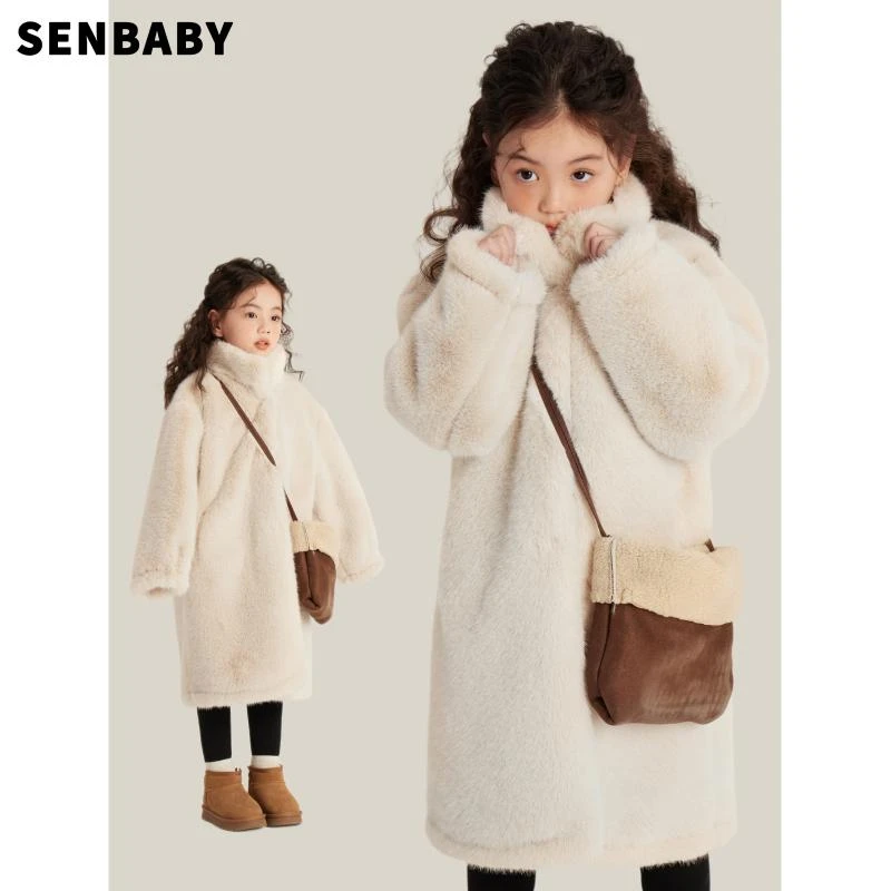Senbaby童装女童长款仿皮草大衣外套巨保暖防风绒复合