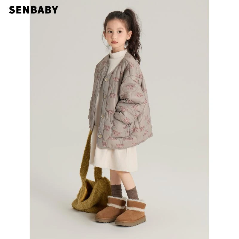 【年底清仓】senbaby童装儿童夹棉棉衣冬季新款字母女童棉服外套