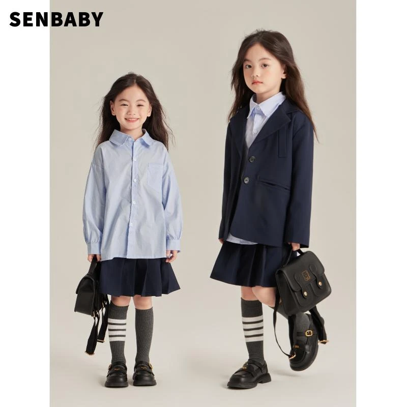 【现货】senbaby女童秋装新款宝宝时尚洋气蓝色衬衫+西装半裙套装