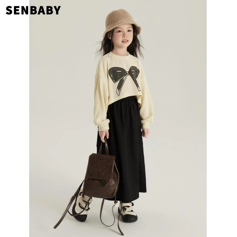 【现货】senbaby儿童套装时髦套装裙女童蝴蝶短上衣+黑色半身长裙