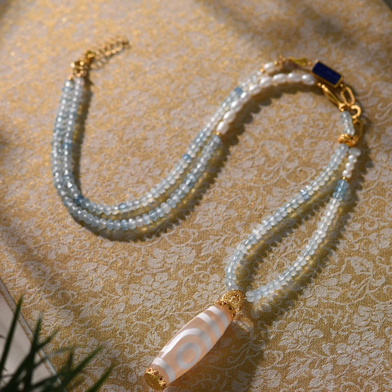 培育海蓝宝石时尚海蓝宝项链珠珠吊坠气质百搭项链可调节长链