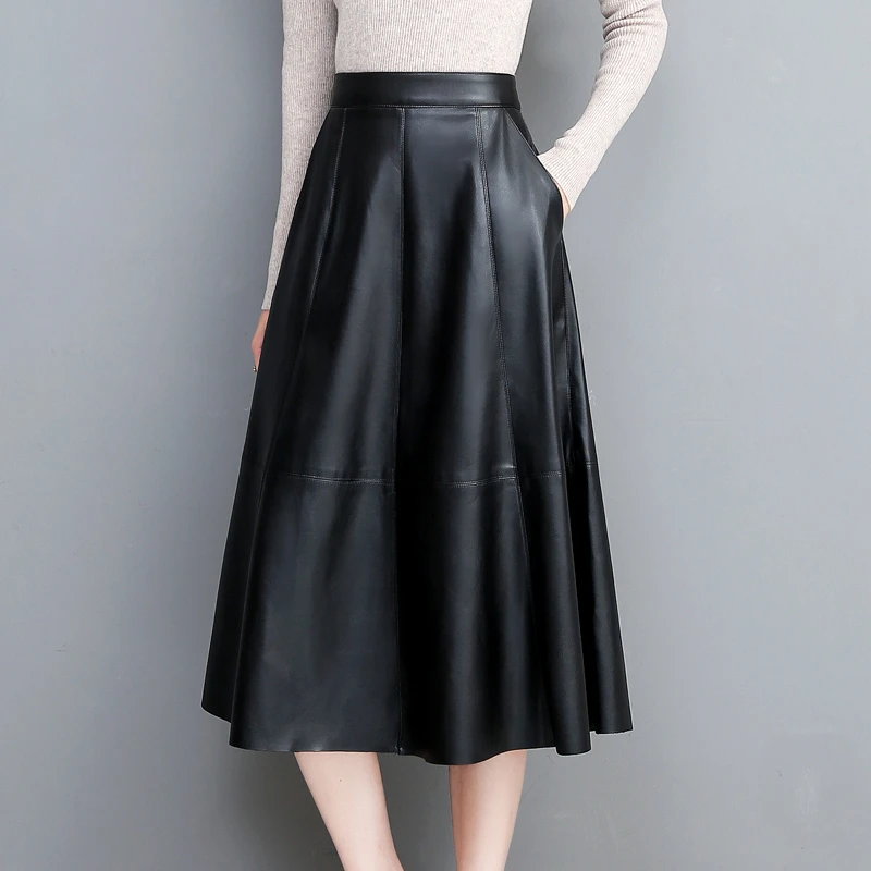 【海宁皮衣 专柜正品】新款中长款高腰半身裙a字大摆长裙纯皮伞裙