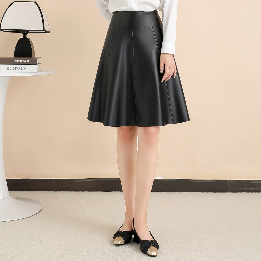【海宁皮衣 专柜正品】新款女高腰半身皮裙收腰显瘦伞裙