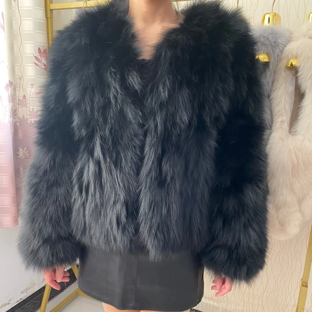 【小祺家】秋冬女士真狐狸毛皮草黑色上衣背毛拼接外套经典黑色55长