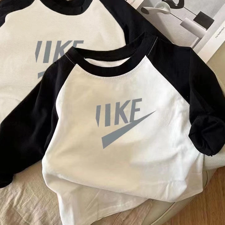 纯棉男女童长袖T恤春秋款印花拼色儿童打底衫洋气中小童休闲上衣t