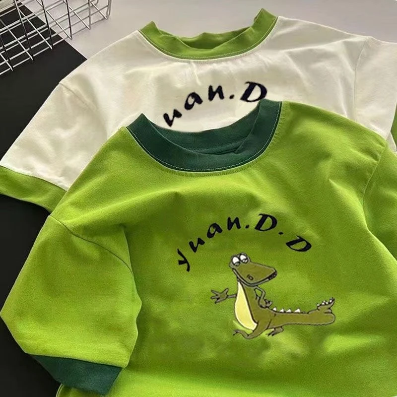 纯棉男女童T恤宝宝2023夏装新款绿色时髦洋气短袖卡通印花潮t童装