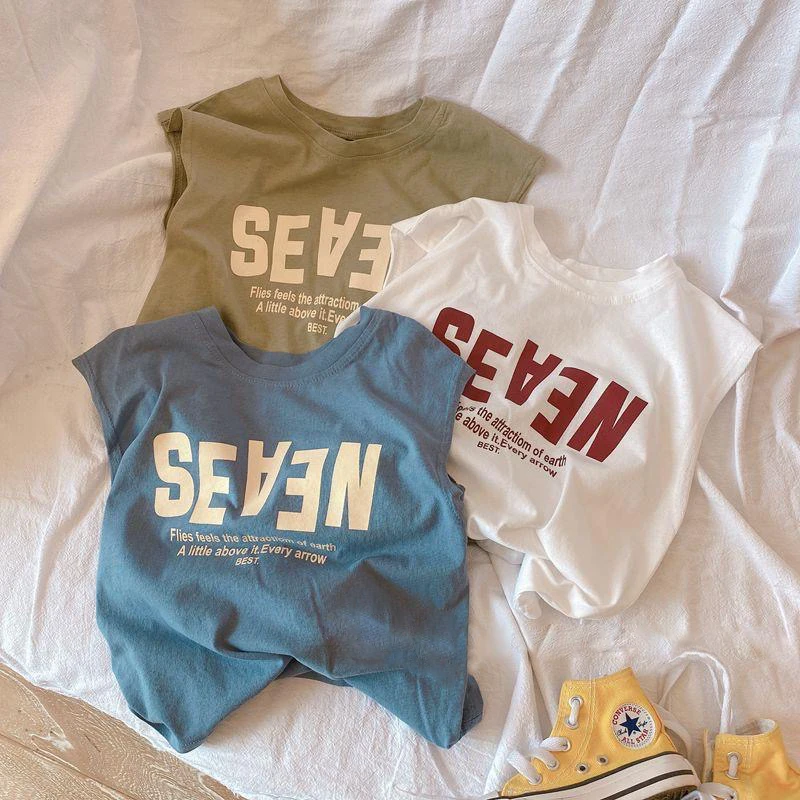 纯棉背心男女童无袖夏装韩版简约中小童宝宝字母套头T恤帅气夏季