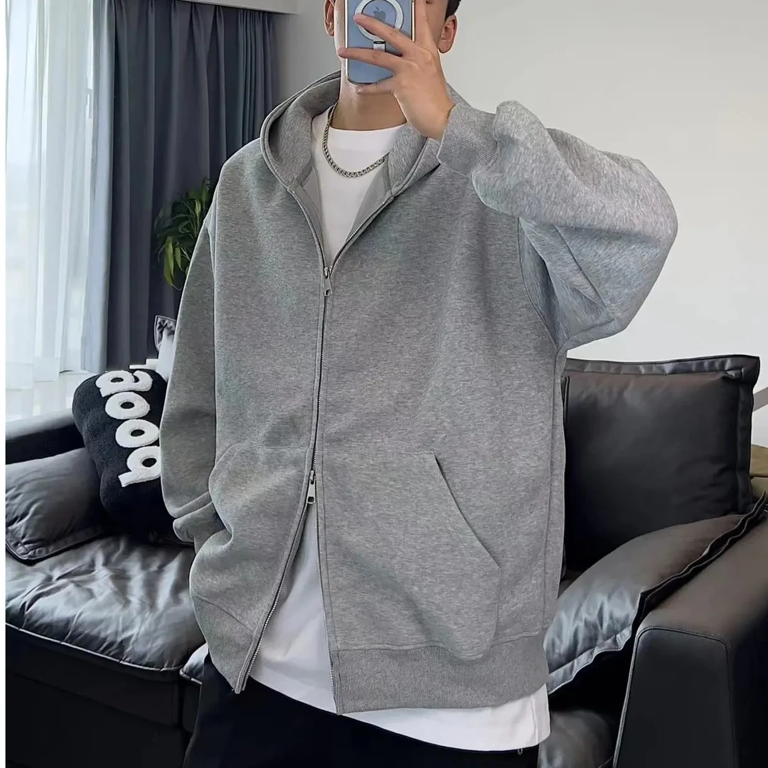 连帽卫衣男秋冬季纯色开衫外套潮流百搭休闲港风拉链上衣情侣加厚