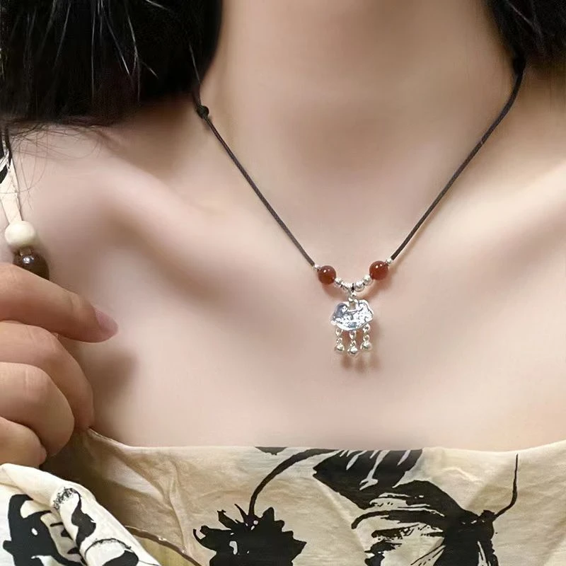 新中式平安锁流苏吊坠项链女小众复古手工编织颈链个性百搭锁骨链