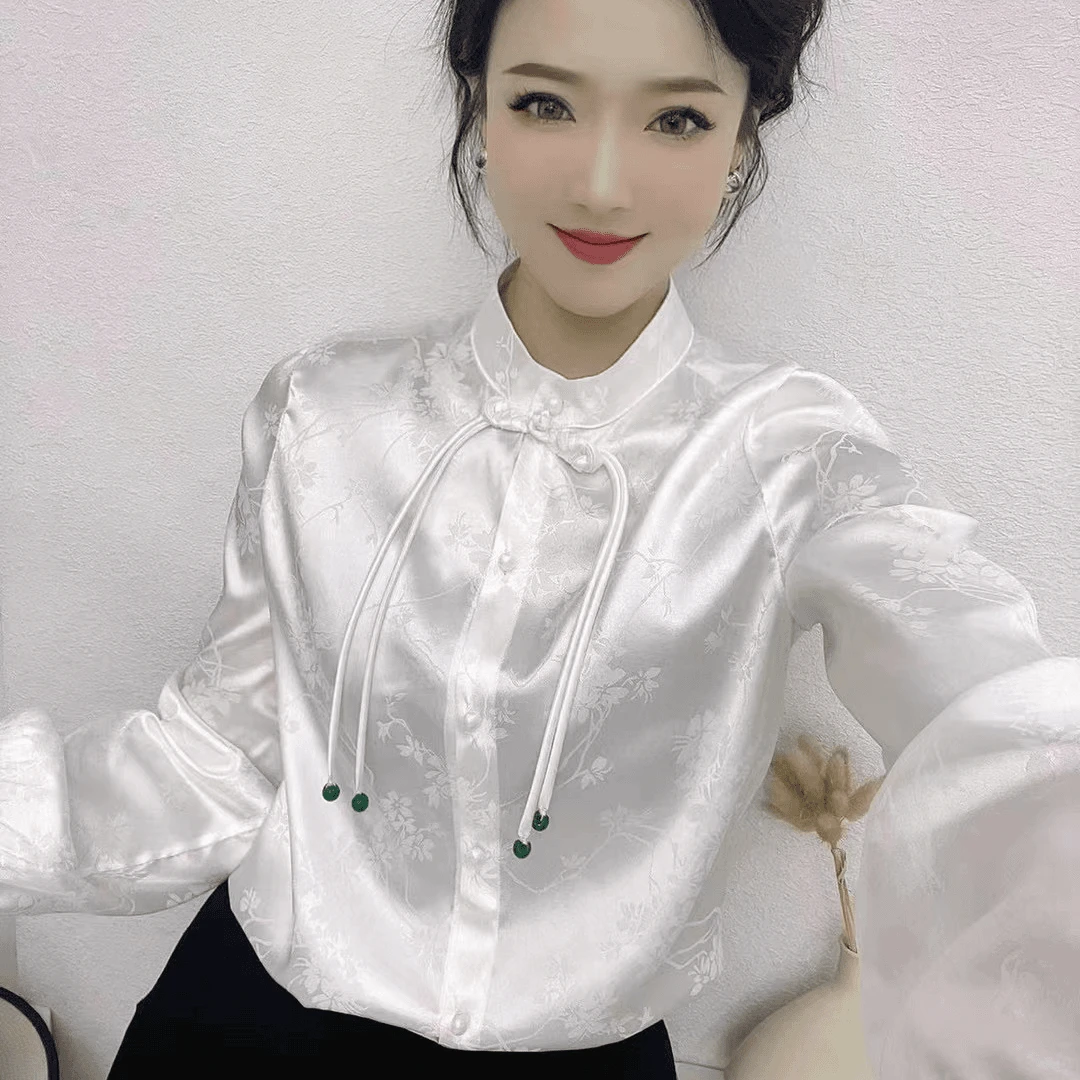 Y022春季气质长袖国风立领开衫盘扣小衫女时尚百搭减龄小衫女