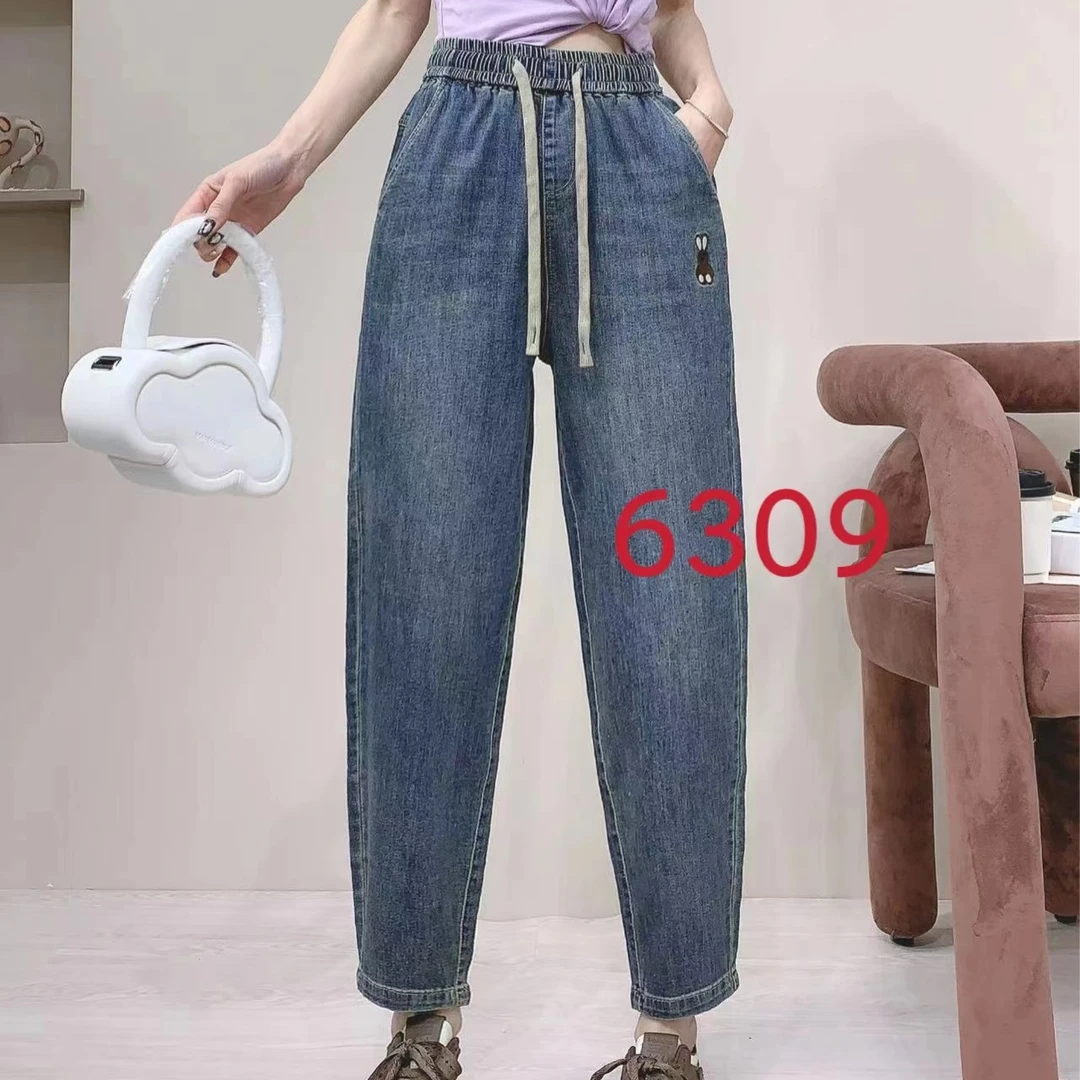 6309高腰显瘦休闲萝卜哈伦老爹裤松紧腰牛仔裤女夏季新款时尚宽松