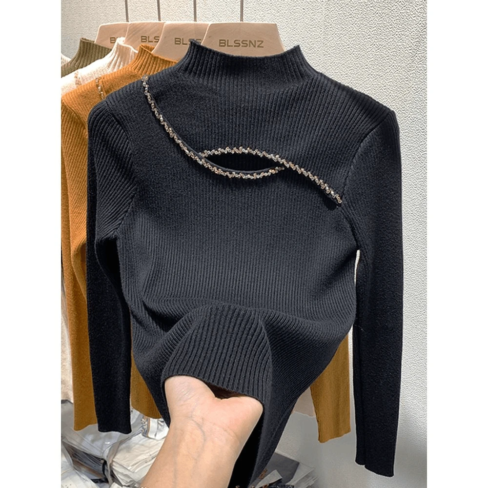 Y062欧货半高领打底衫女冬新款洋气镶钻镂空设计感小众针织衫上衣