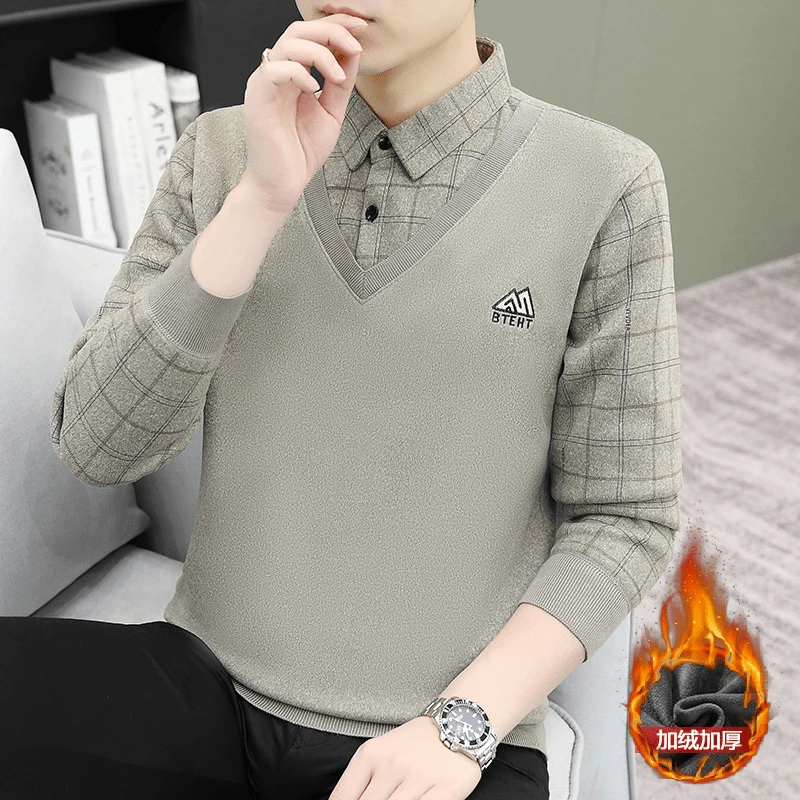 Y007冬季加绒加厚男士毛衣绒衬衫领青年时尚长袖针织打底衫