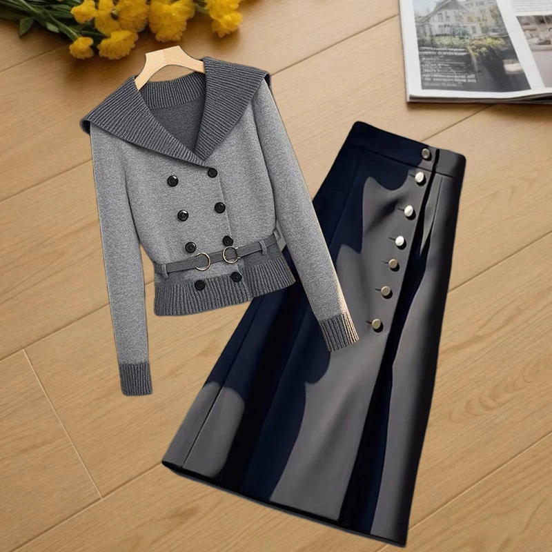 失序混搭时尚洋气减龄针织双排扣毛衣百搭半身裙两件套装2024秋季