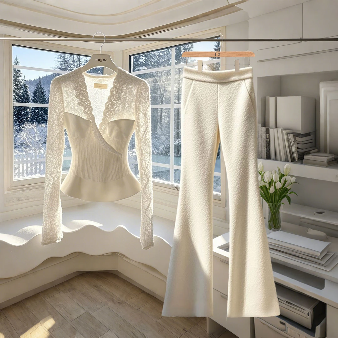 法式气质千金高级感轻奢别致蕾丝内搭上衣微喇裤子时尚套装女秋冬