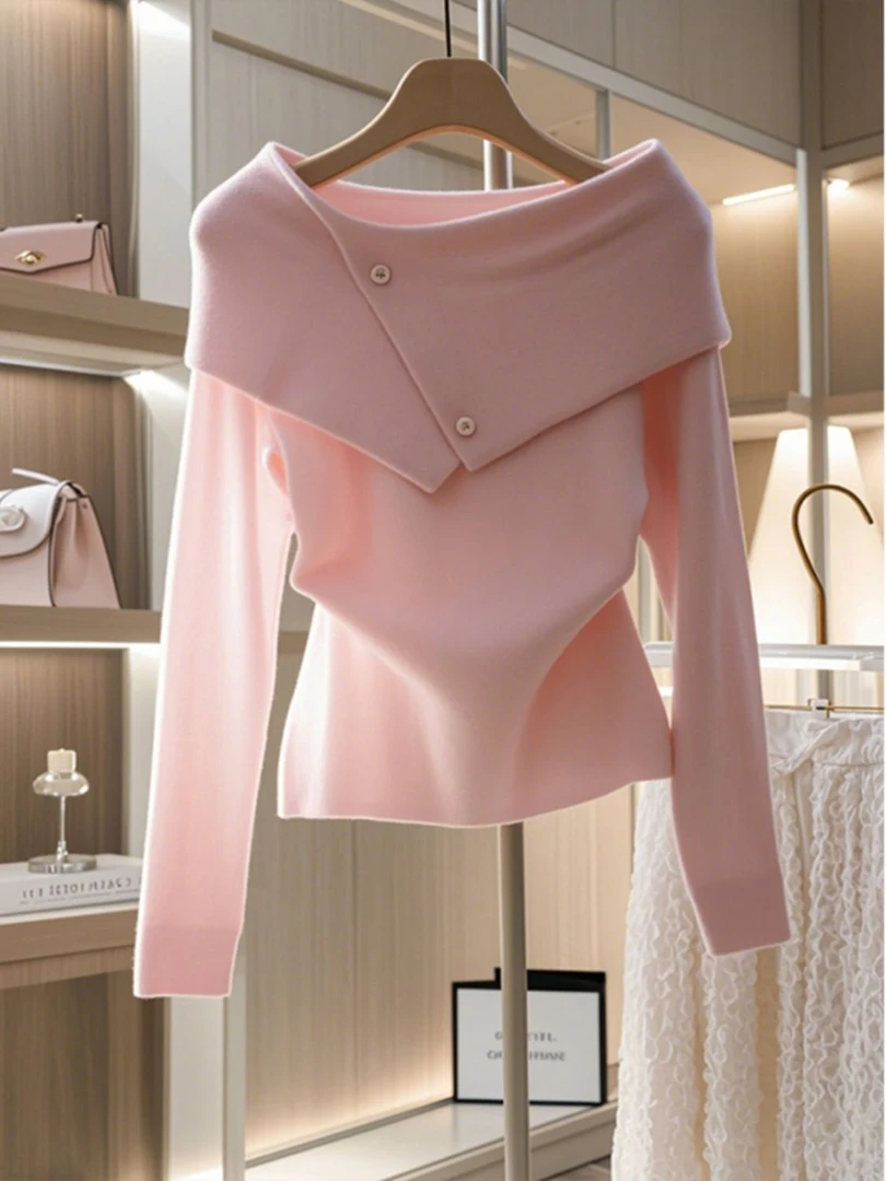 今年秋季流行漂亮小衫轻奢高级感气质百搭小众绝美粉色长袖针织衫