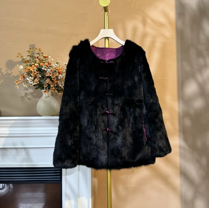 [青衫]Q050冬季新中式宽松双面穿兔毛棉外套女国风复古女装