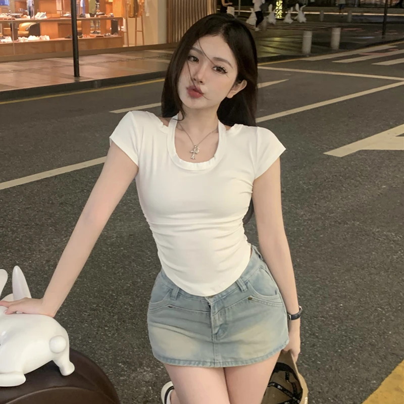 纯欲辣妹纯色正肩短袖t恤女夏季短袖挂脖修身短款上衣显瘦百搭ins