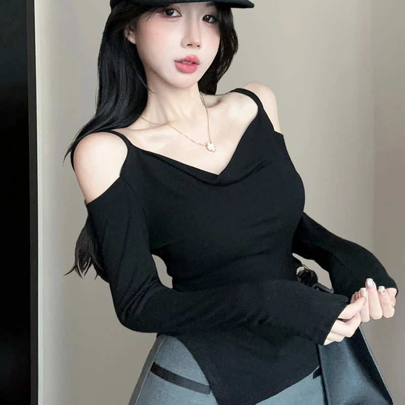 纯欲设计感小众荡领露肩不规则开叉别致修身百搭长袖打底衫T恤女