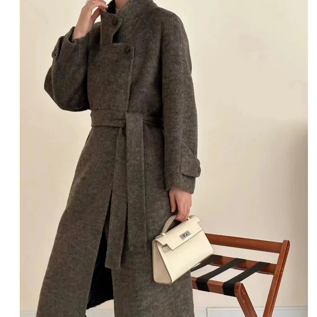 立领收腰高端双面羊绒大衣女2024新款秋冬季毛呢外套