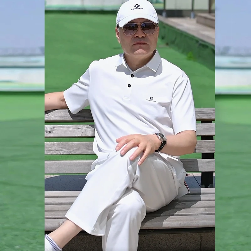 高档时尚双丝光棉轻奢爸爸套装商务男士Polo夏季两件套父亲节礼物