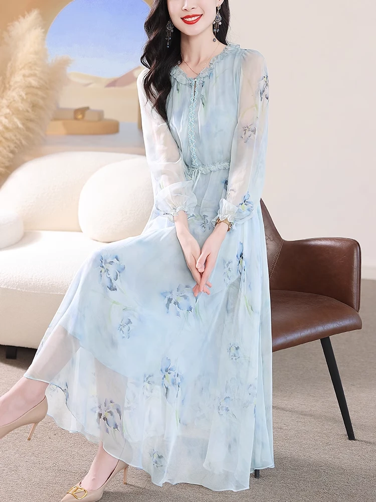 雪纺连衣裙夏季长袖薄款2024新款温柔减龄碎花气质裙海边度假长裙