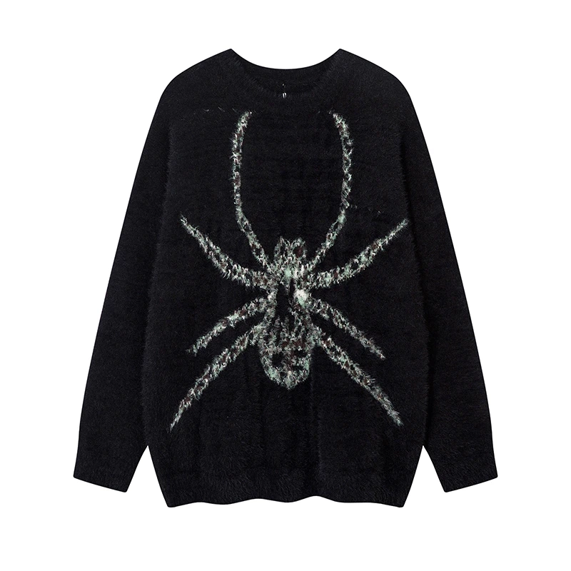美式复古休闲蜘蛛图案长袖宽松毛衣秋冬季