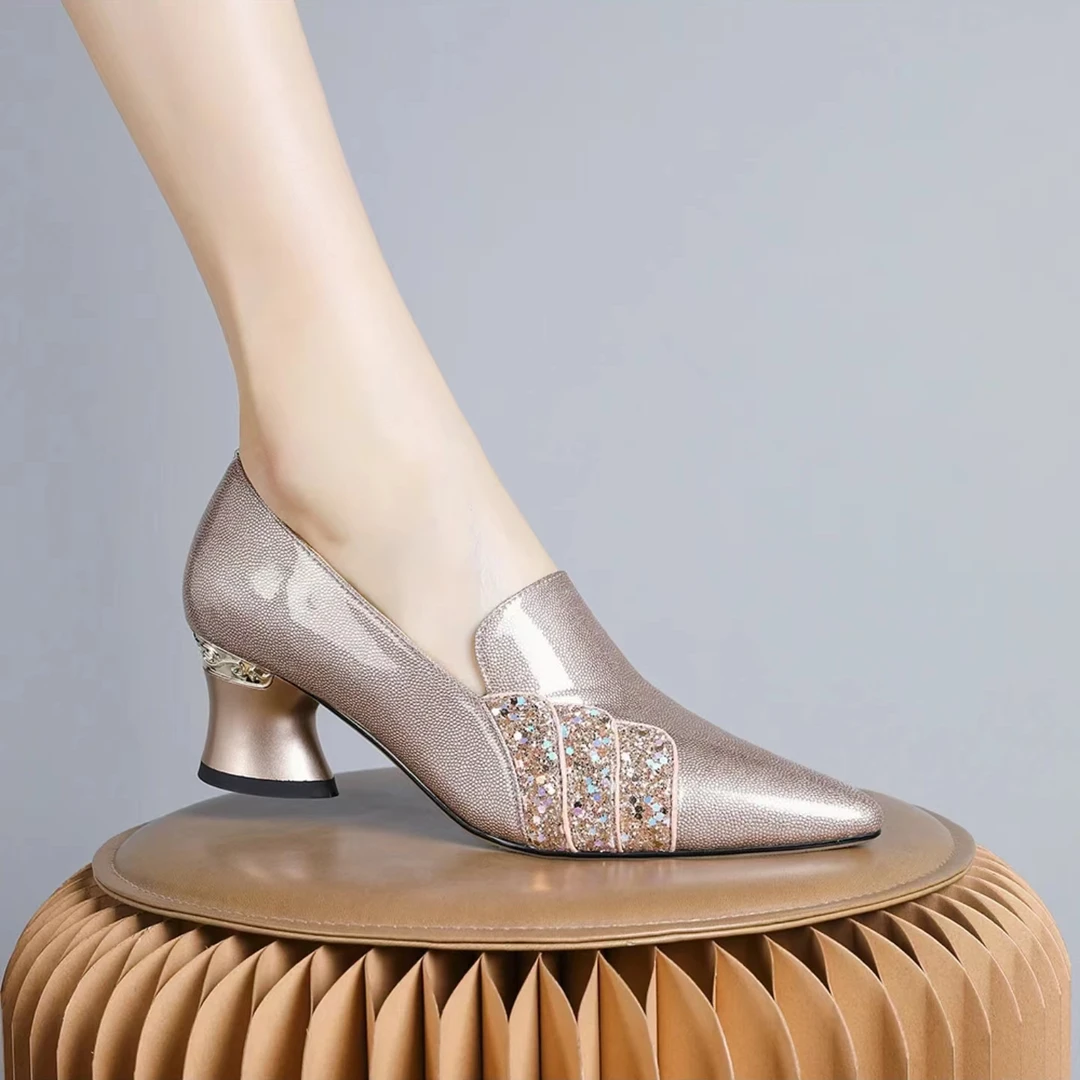 2024年新款法式名媛设计感高级香槟色单鞋绝美气质女鞋3569