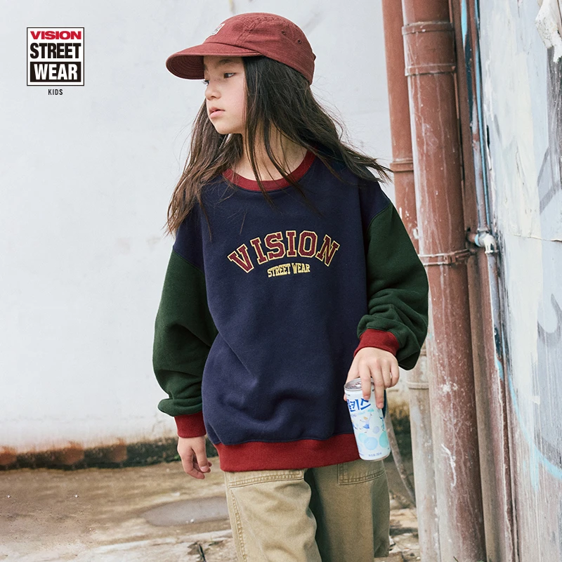 VISION KIDS 美式复古宽松拼色LOGO圆领卫衣男女童装休闲长袖