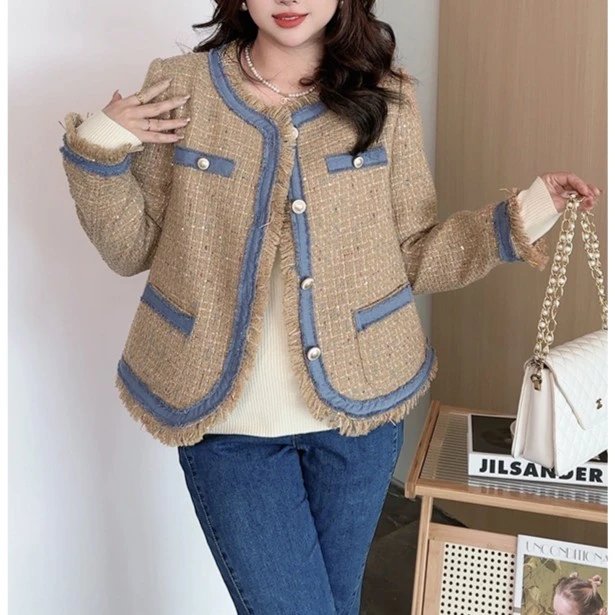 MsShe大码女装新款千金风小香粗花呢短款大衣外套Y2309012