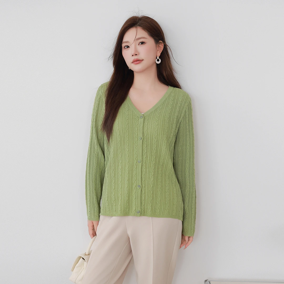 【肌理感针织开衫】MsShe大码女装春季仿亚麻V领宽松外套M2402094