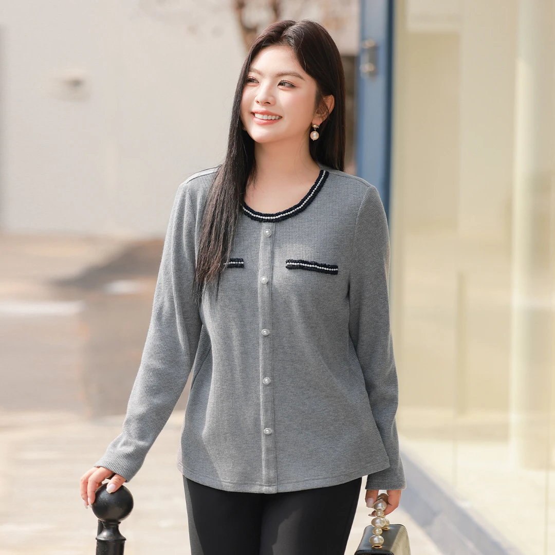 【亮丝华夫格&重工钉珠】MsShe大码女装新款秋冬长袖T恤C2410020