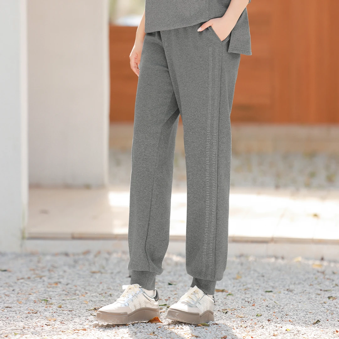 【重工烫钻加厚银狐绒】MsShe大码女装冬松紧腰束脚休闲裤B2411075