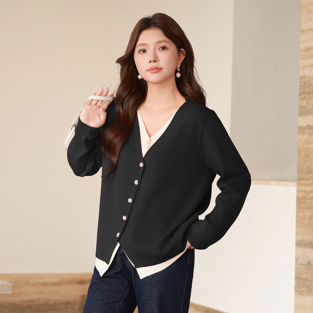 【48支羊毛混纺】MsShe大码女装新款春季假两件毛衣开衫A2409001