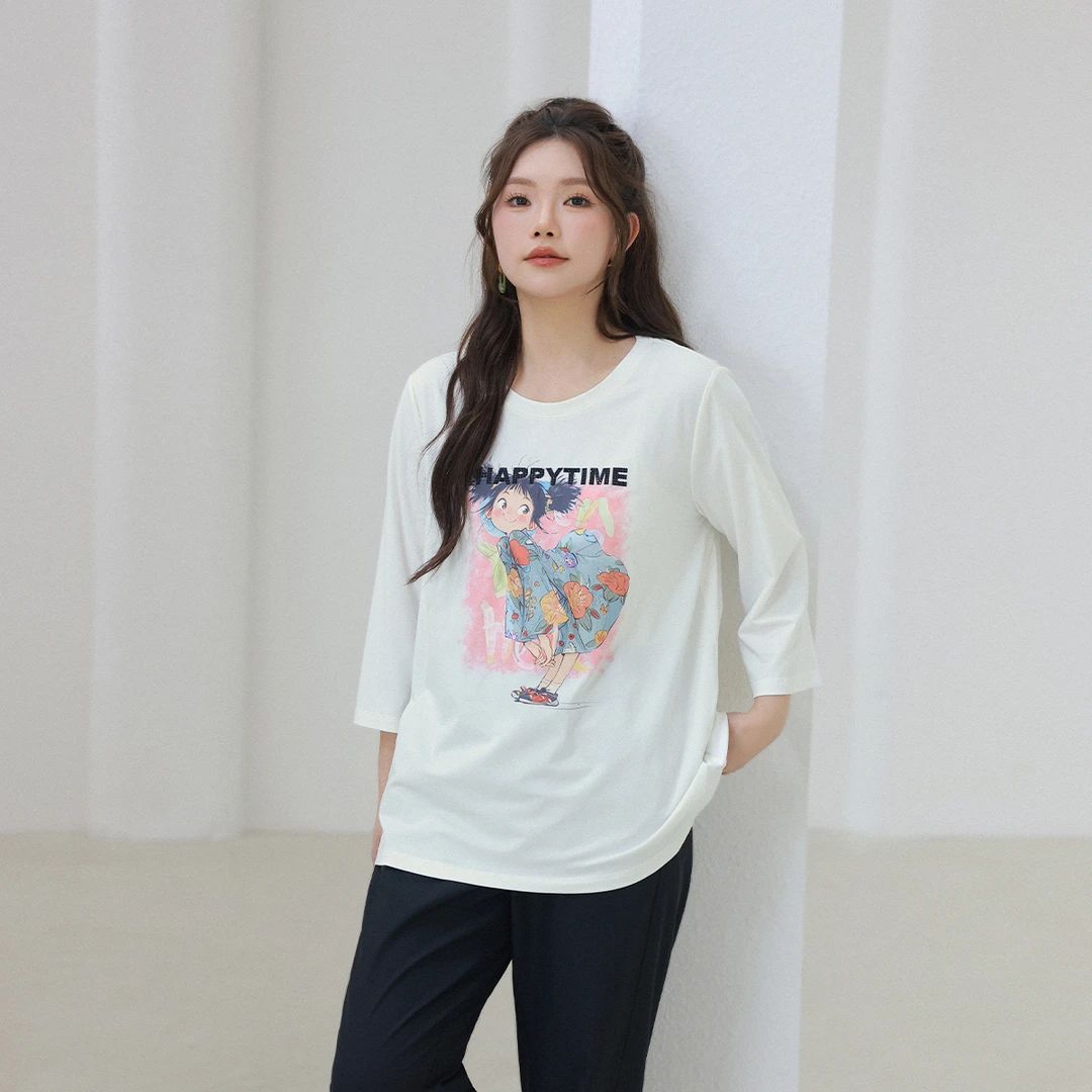 【抗菌棉休闲印花】MsShe大码女秋装闪粉烫钻宽松七分袖T恤M2408092