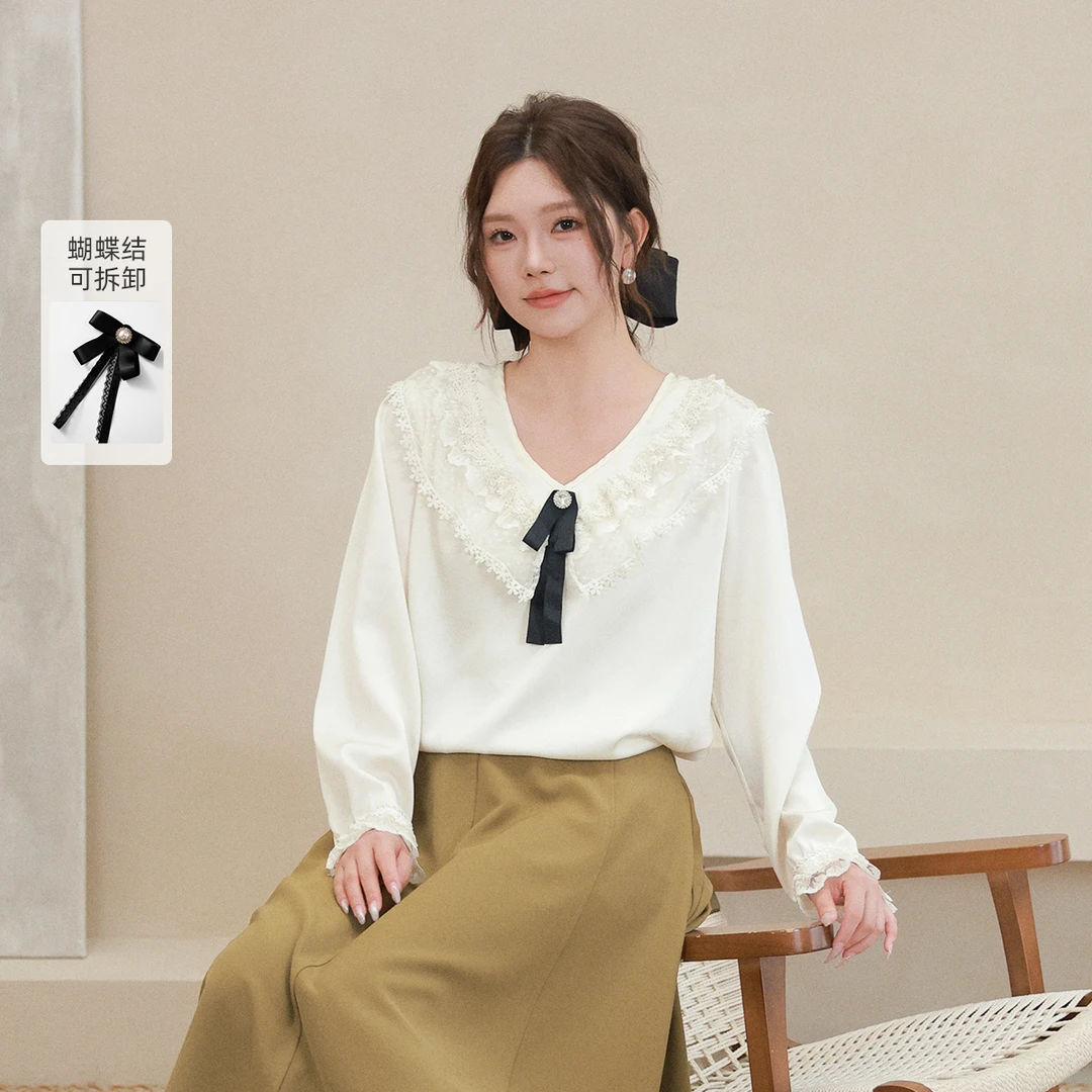 【配胸针】MsShe大码女装胖mm法式花边V领缎面衬衫小衫M2301020