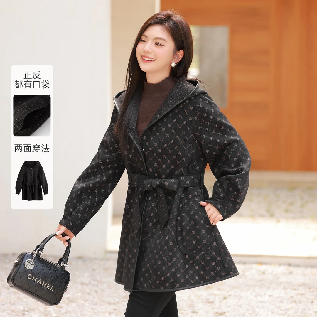 【加厚磨毛闪粉针织两面穿外套】MsShe大码女装冬可拆腰带B2411063