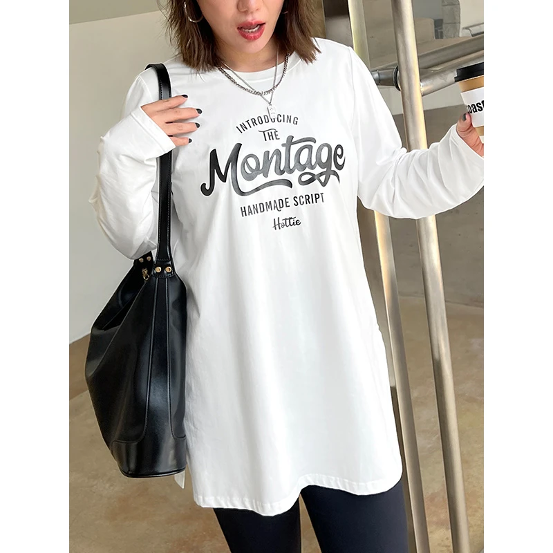 【现货】MsShe大码女装新款简约印花长款开叉棉T恤M2208623