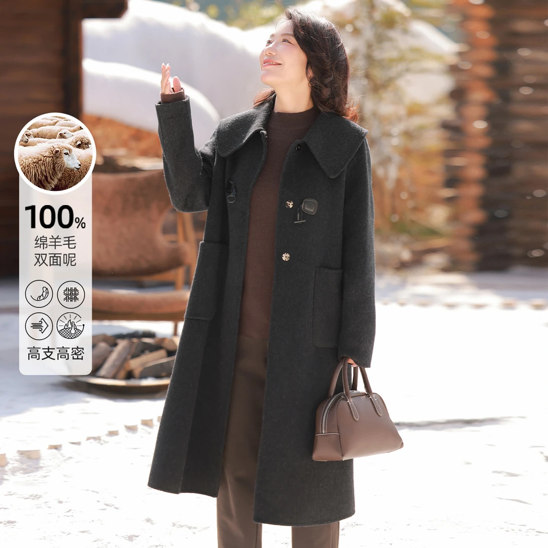 【100%绵羊毛】MsShe大码女装冬轻奢皮扣双面毛呢大衣外套S2410004