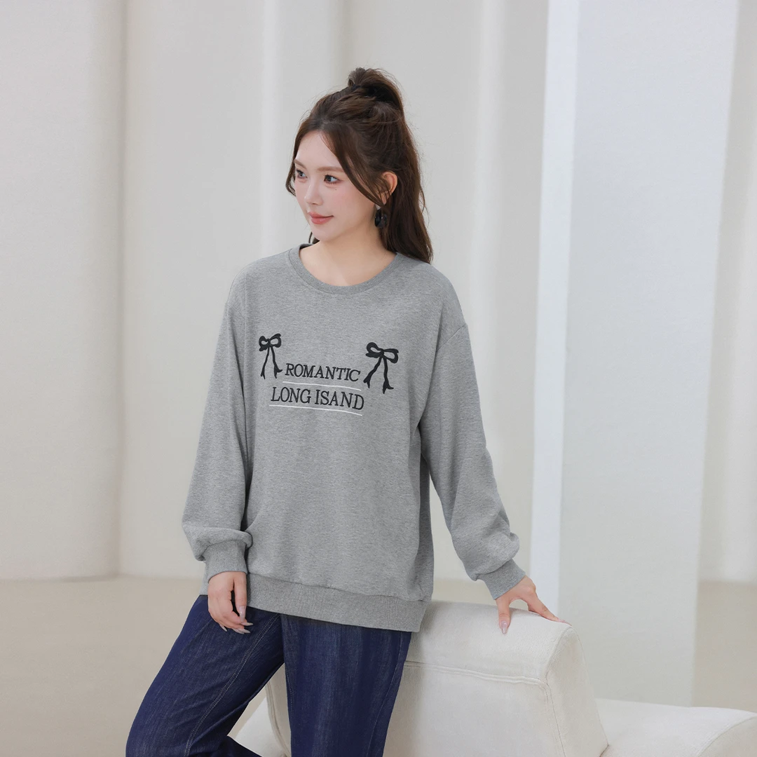 【减龄字母卫衣】MsShe大码女装秋冬宽松双面棉蝴蝶结刺绣M2408088