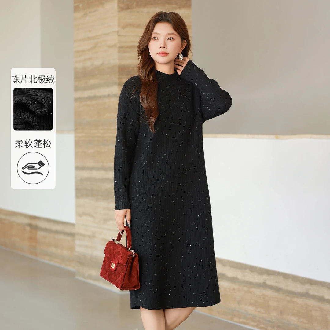 【18支珠片北极绒】MsShe大码女装秋冬立领坑条毛衣连衣裙M2410084