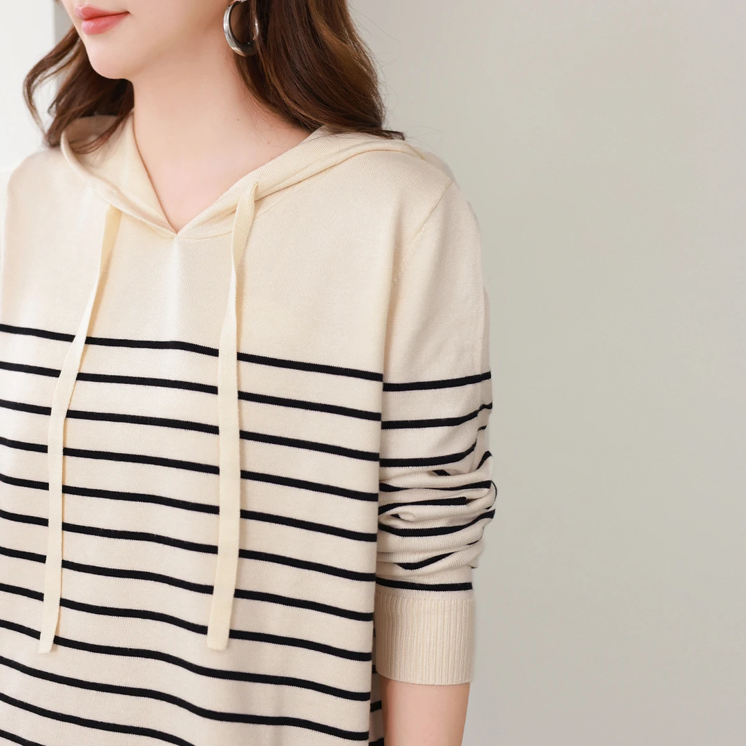 【高弹仿兔绒纱】MsShe大码女装春季装休闲条纹连帽毛衣M2409053