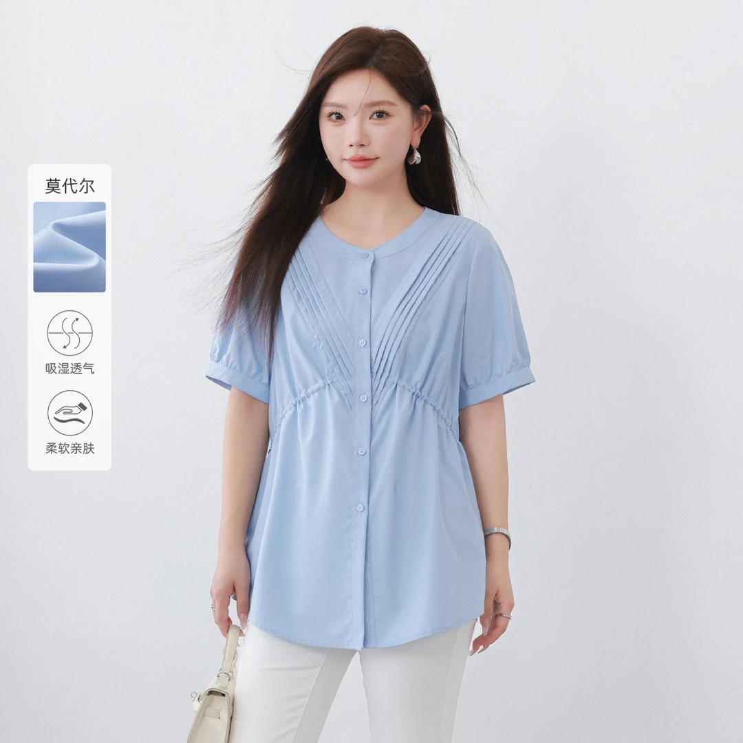 【现货-莫代尔质地】MsShe大码女装新腰间抽绳短袖上衣小衫M2407072